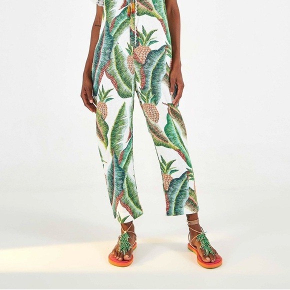 Farm Rio Forest Palm Jumpsuit in White Linen Pineapple Print EUC - Picture 5 of 11